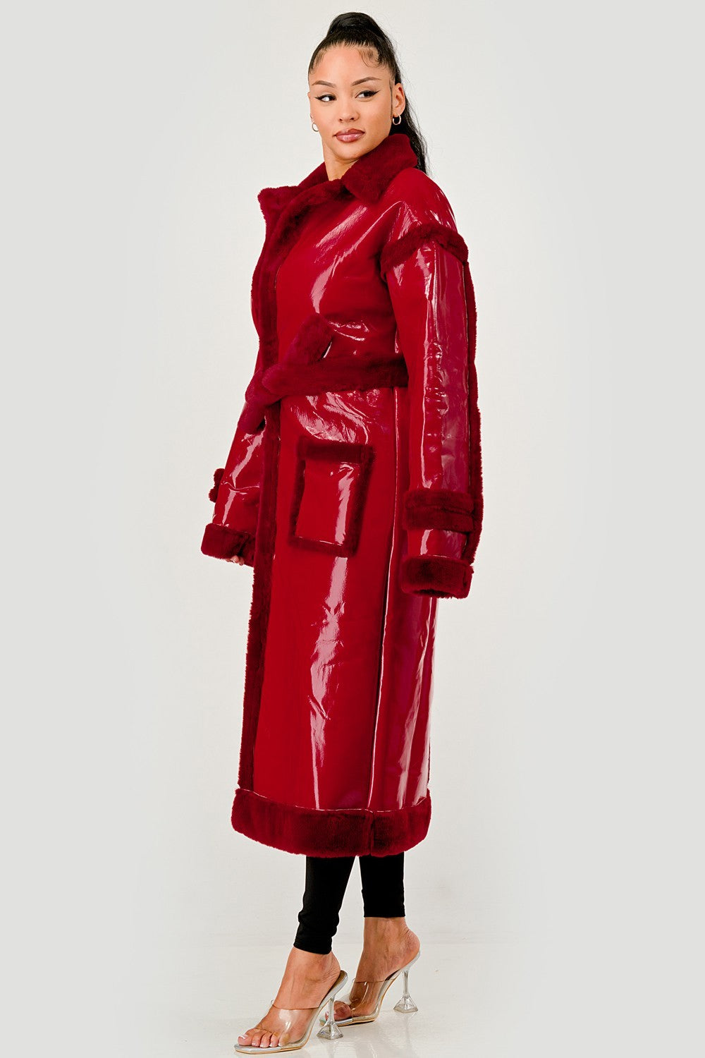 Gloss & Fur Glam" Full-Length Patent Trench Coat