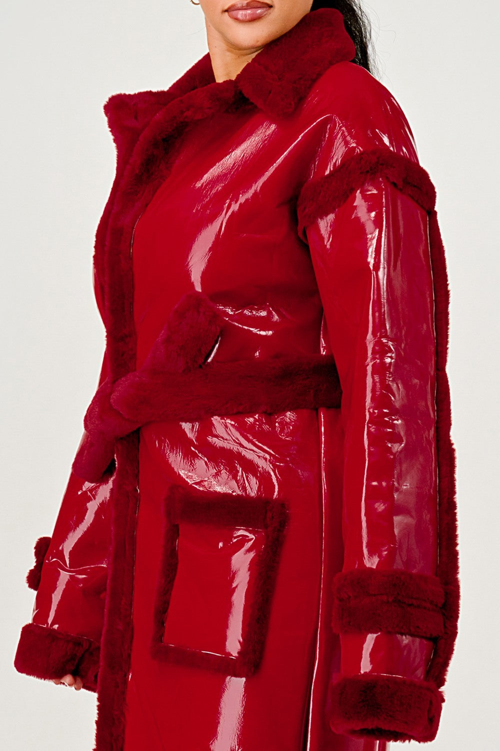 Gloss & Fur Glam" Full-Length Patent Trench Coat