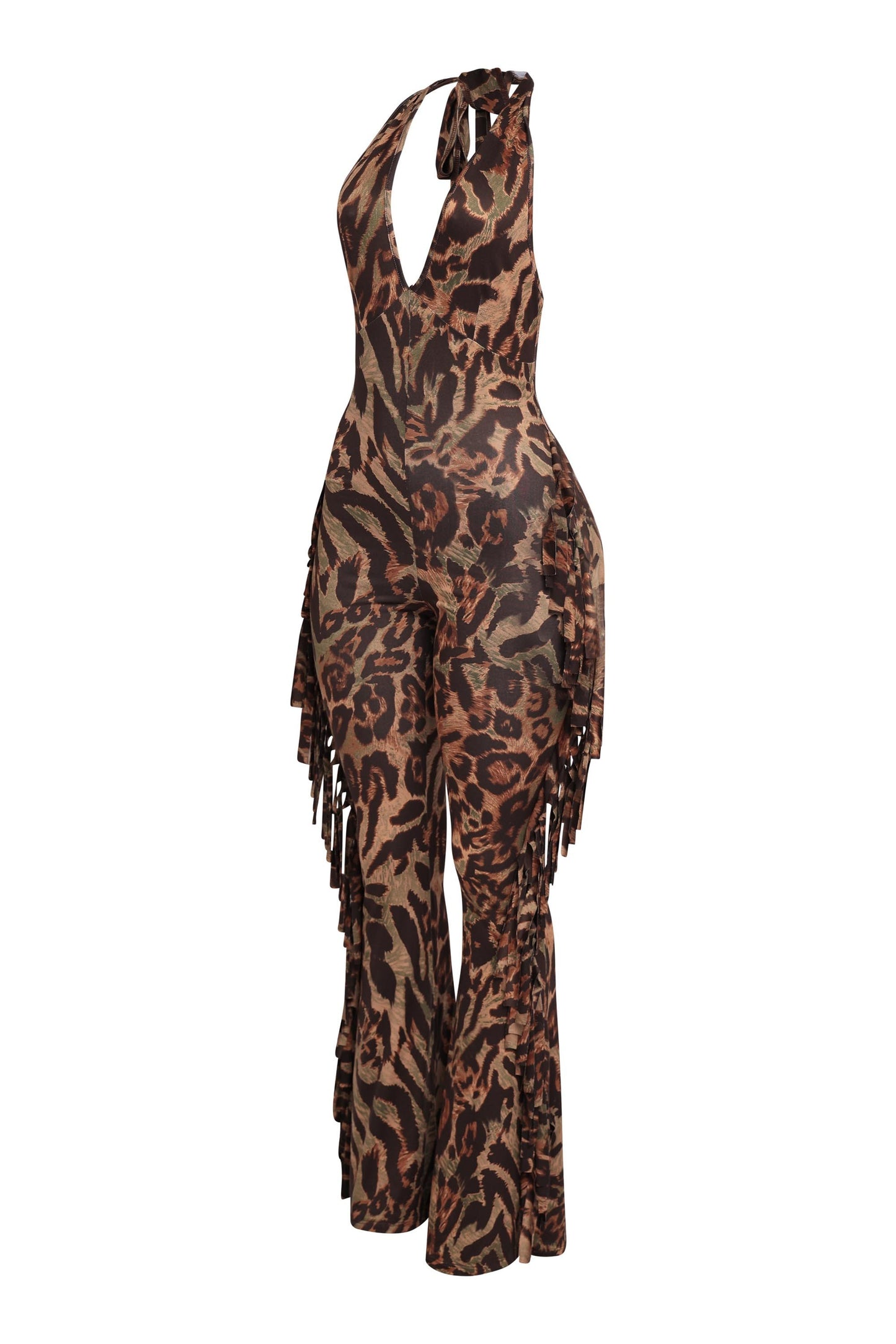 Leopard Halter Fringe Jumpsuit
