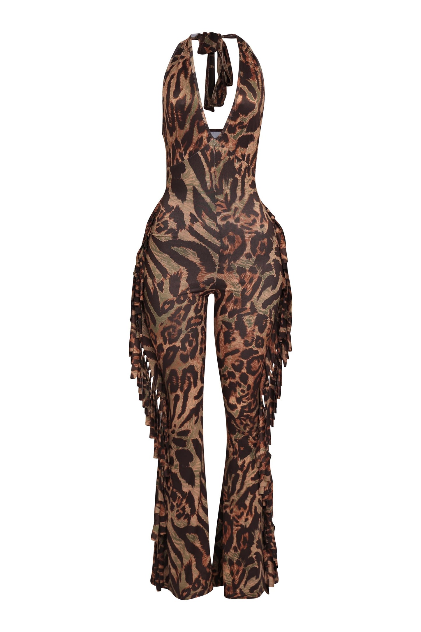 Leopard Halter Fringe Jumpsuit