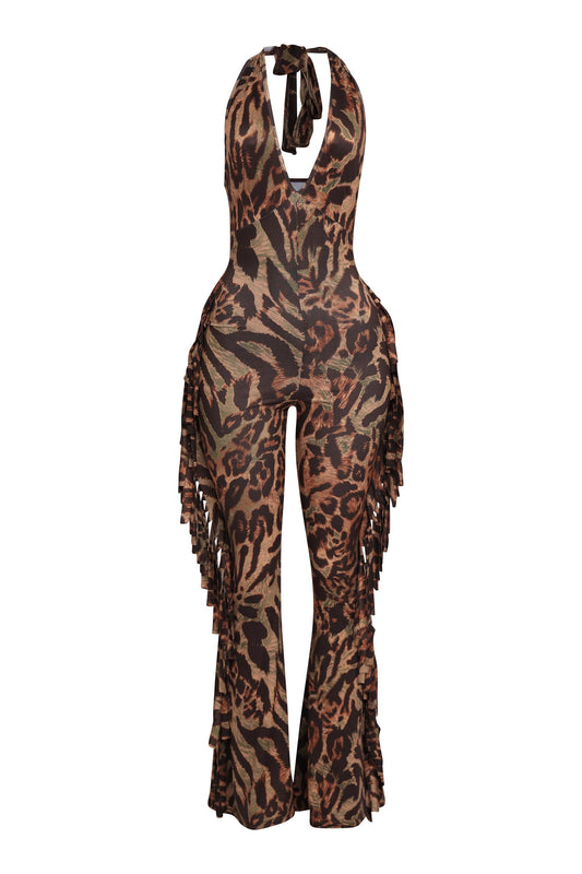 Leopard Halter Fringe Jumpsuit